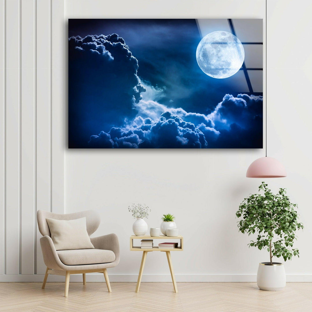 Moonlit Clouds In a Night Sky Glass Wall Art glass art painting, glass art for the Wall