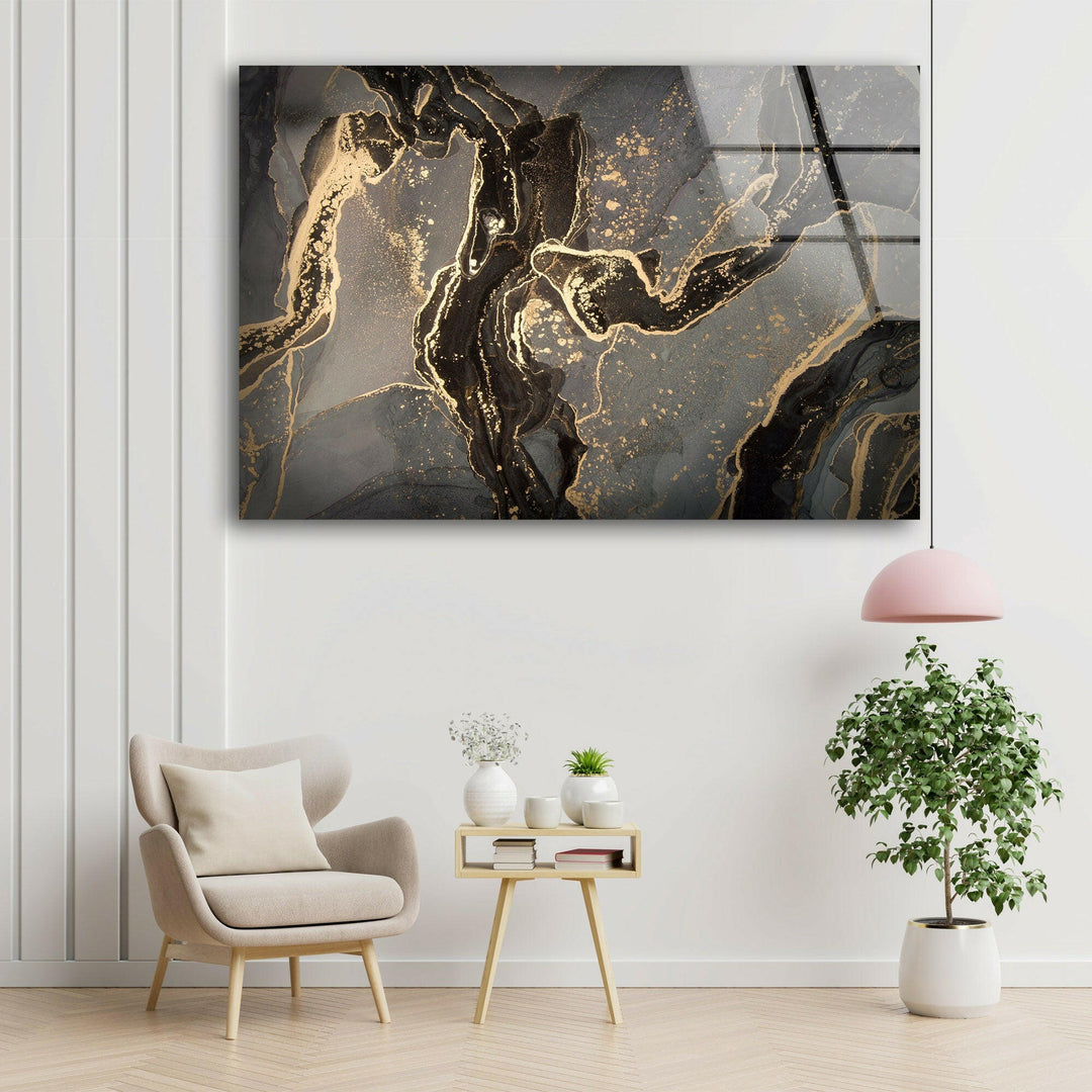 Abstract Gray & Gold Glass Wall Art photo print on glass, prints on glass wall art