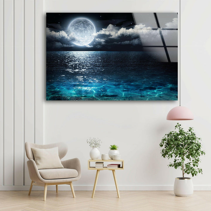 Moon Over The Ocean Glass Wall Art print on glass, glass printed photos