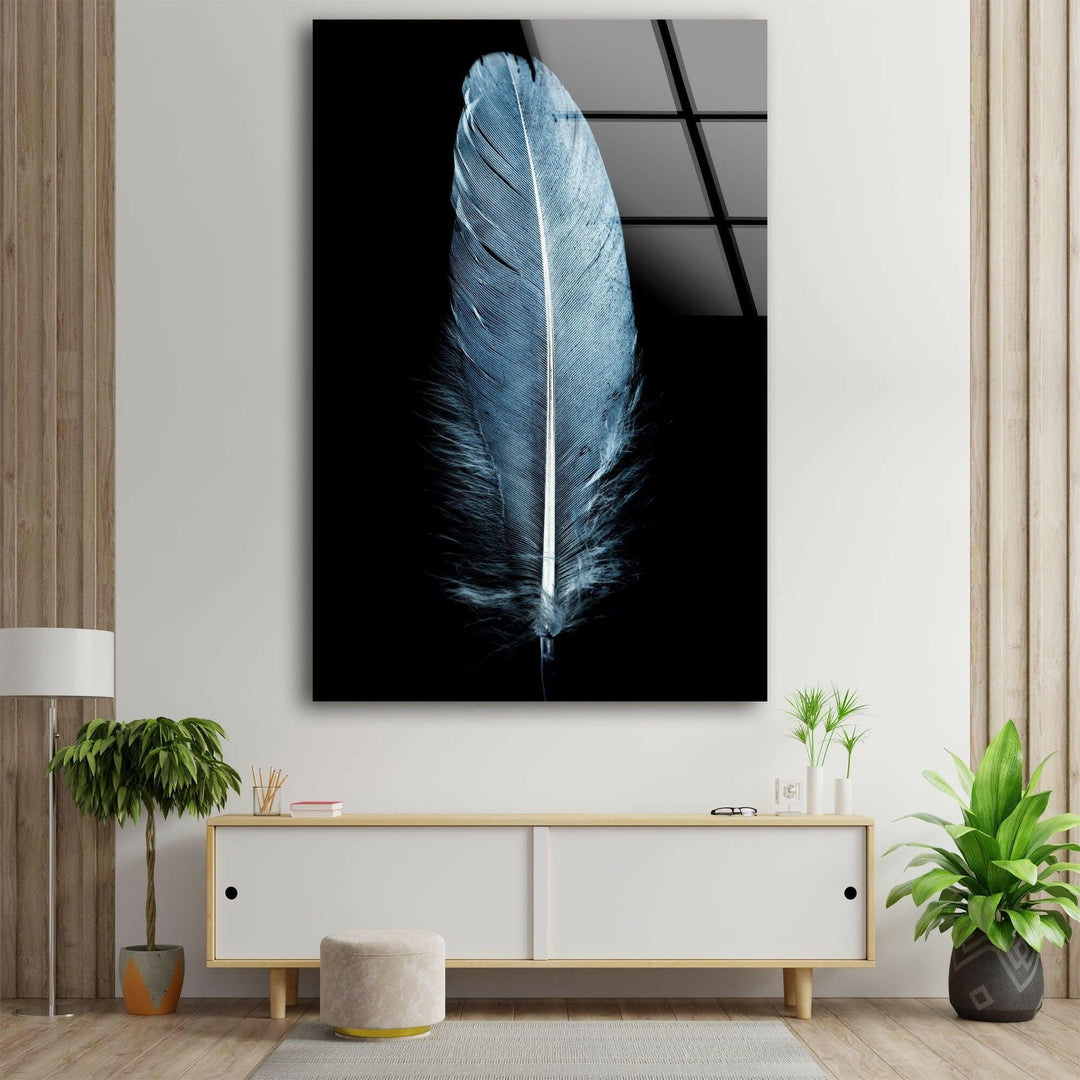 Large Blue Feather Glass Wall Art, custom glass photo prints, large glass prints