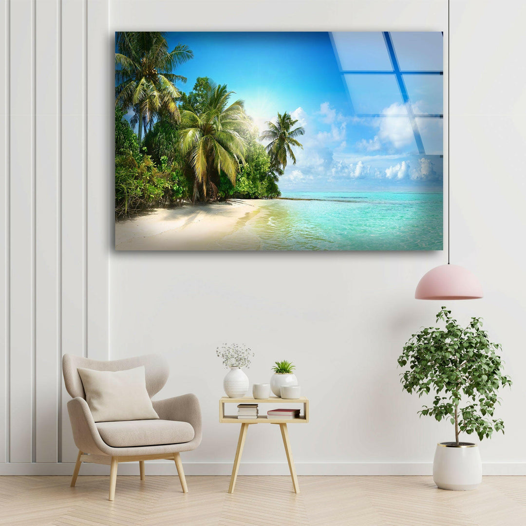 Tropical Beach Landscape Glass Wall Art