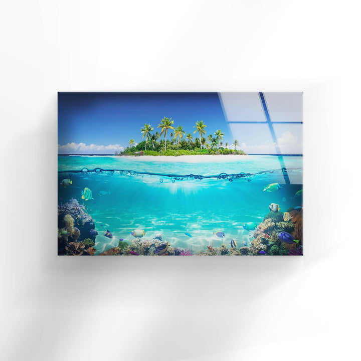 Tropical Island & Fishes Glass Wall Art