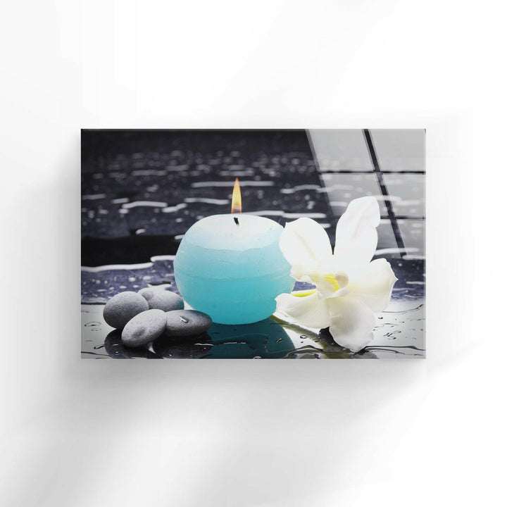 Tempered Glass Picture Print Wall Art - Colorful Beautiful Tiger's Violet Orchid And Blue Candle On Water Drops With Spa Therapy Pepple Zen Stones 