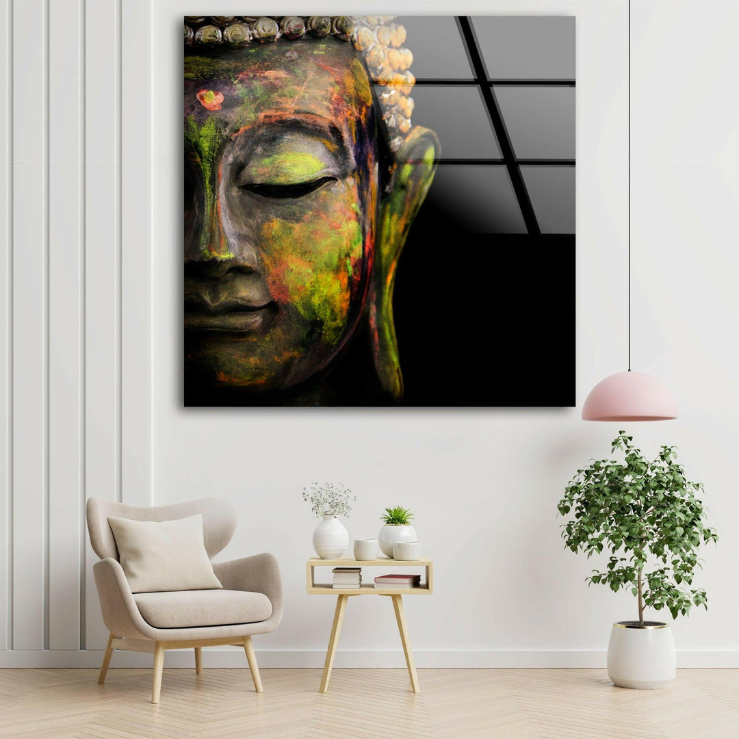 Vivid Buddha Face Glass Art for the Wall