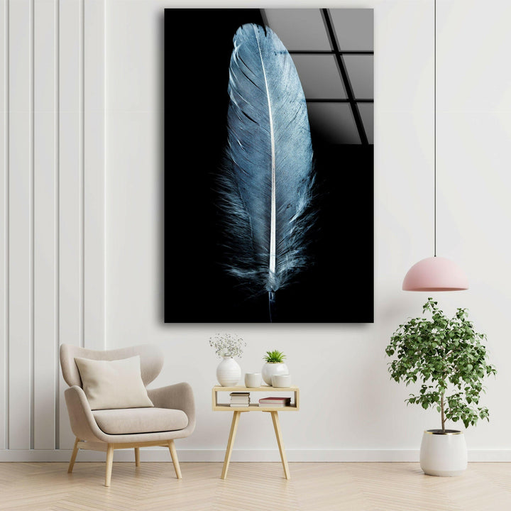 Large Blue Feather Glass Wall Art, large glass photo prints, glass wall photos