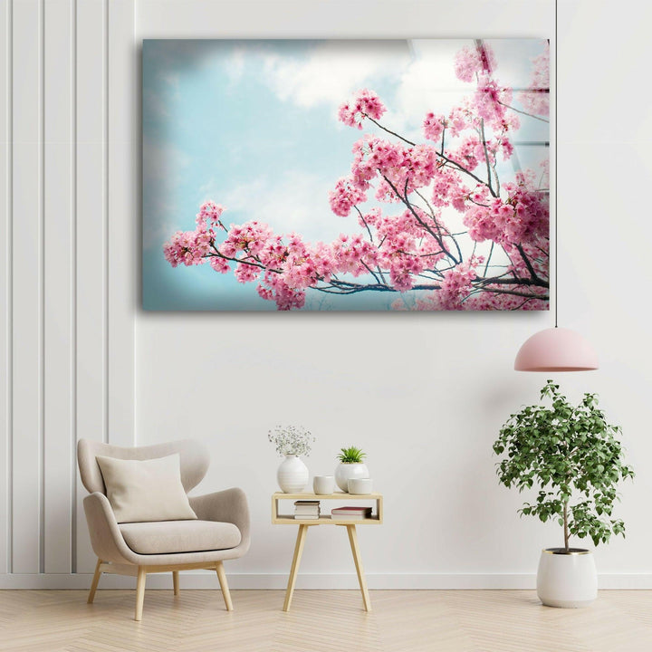 Japanese Cherry Blossom Vibrant Flower Glass Wall Art Decor