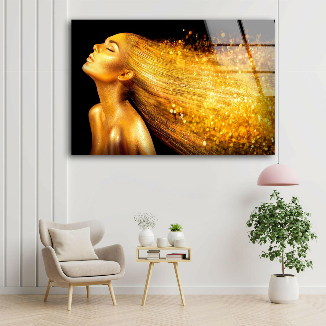 Gold Hair Woman Portrait Tempered Glass Wall Art - MyPhotoStation