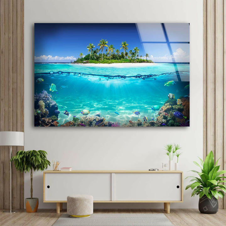 Tropical Island & Fishes Glass Wall Art