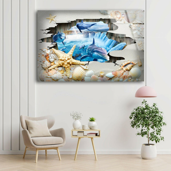 3D Dolphins Glass Wall Art print picture on glass, Tempered Glass Wall Art