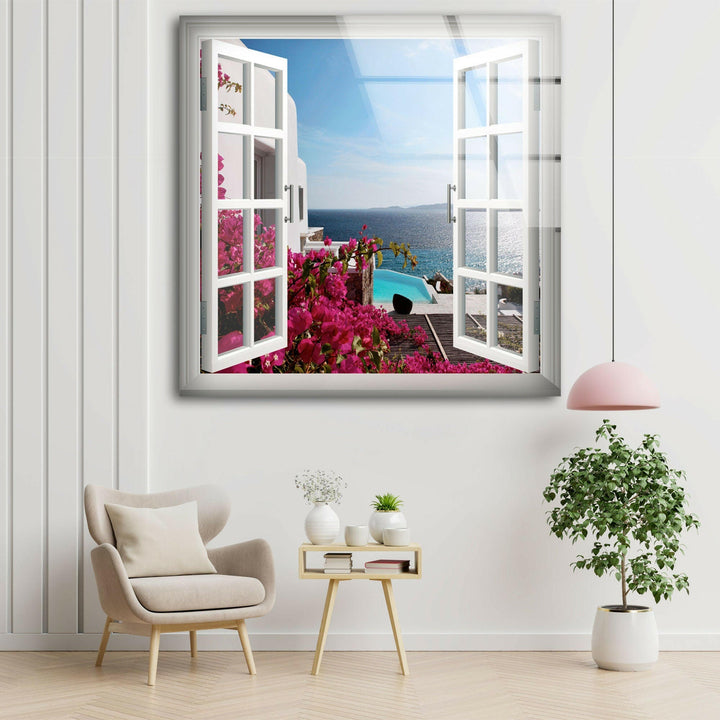 Fake Window Santorini Island Glass Wall Art glass pictures for Wall, glass prints wall art