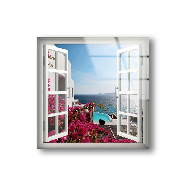 Fake Window Santorini Island Glass Wall Art custom glass pictures, glass art prints