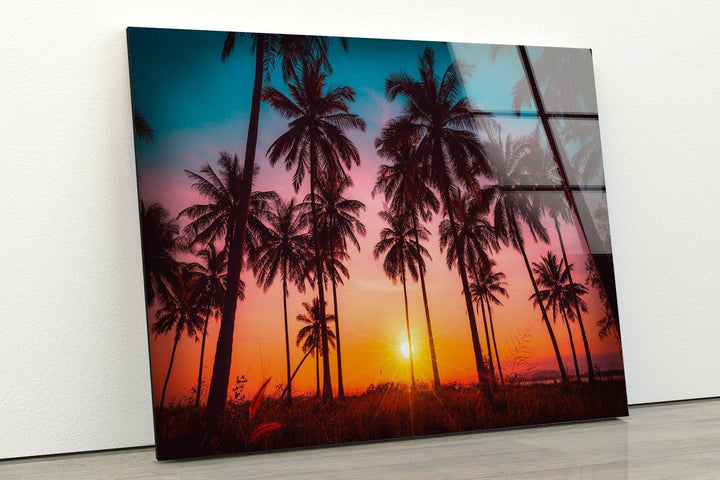 Tropical Sunset with Palm Tree Glass Wall Art