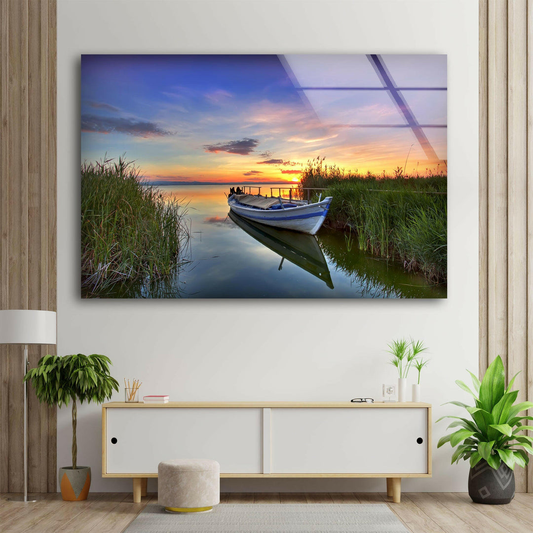 Rowing Boat On Lake Glass Wall Art print on glass, glass printed photos