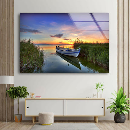 Rowing Boat On Lake Glass Wall Art