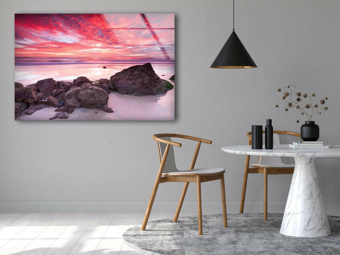 Sunset Landscape & Rocks Glass Wall Art