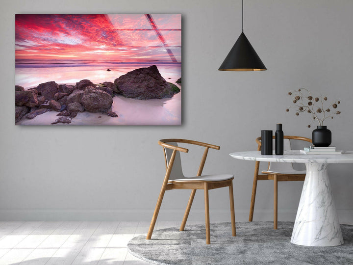 Sunset Landscape & Rocks Glass Wall Art