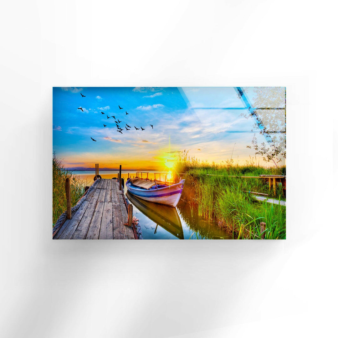 Lake Under Sunset Pier Glass Wall Art