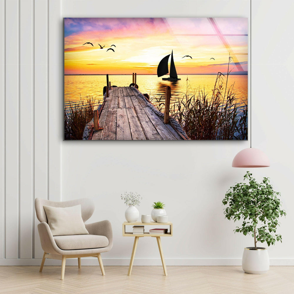 Dock Sunset Landscape Glass Wall Art large glass photo prints, glass wall photos