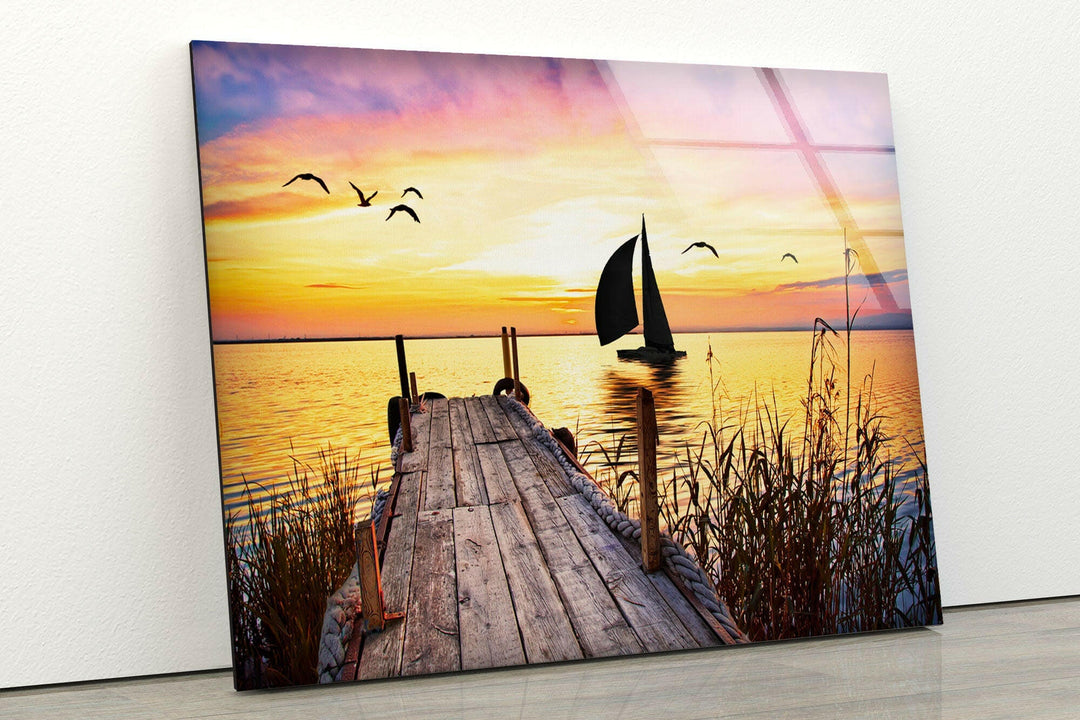 Dock Sunset Landscape Glass Wall Art print on glass, glass printed photos