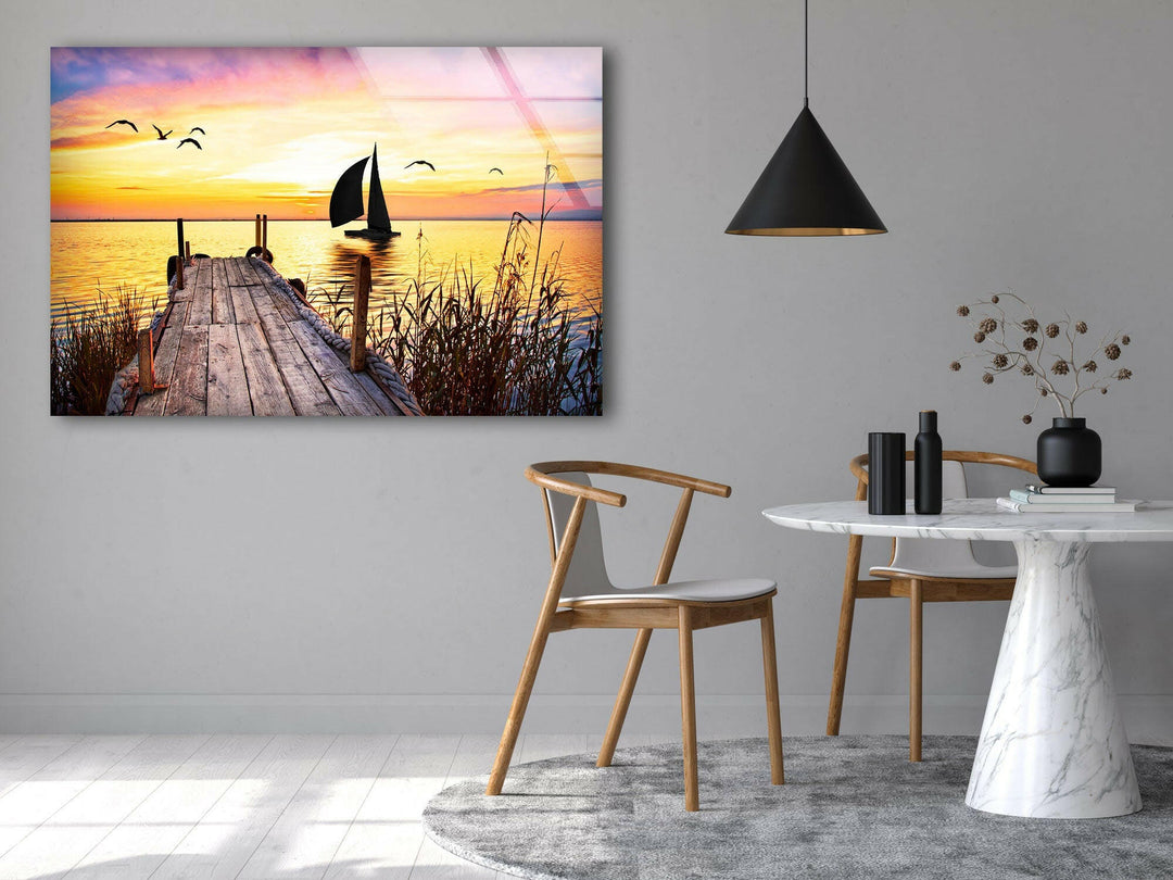 Dock Sunset Landscape Glass Wall Art picture on glass wall art, photos printed on glass