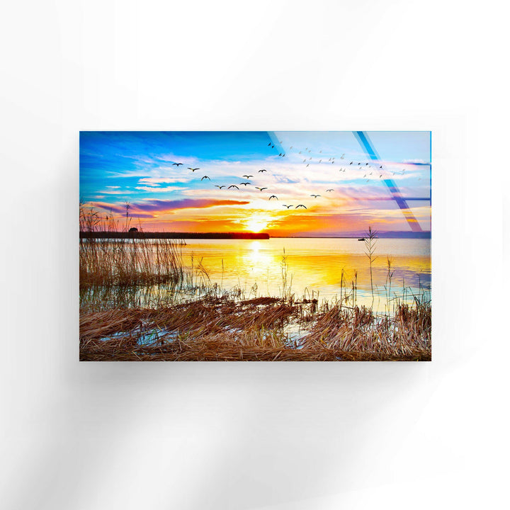 Sunset Over a Lake With Grass Glass Wall Art