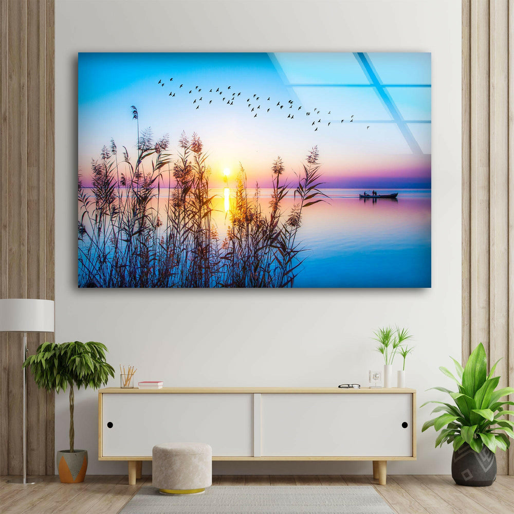 Colorful Sunset On Lake Glass Wall Art glass pictures for Wall, glass prints wall art