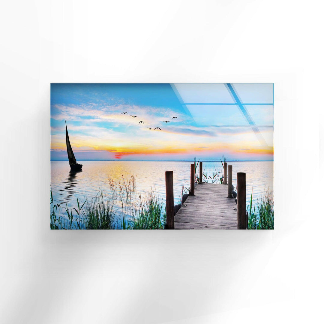 Sunset Birds Pier Glass Wall Art picture on glass wall art, photos printed on glass