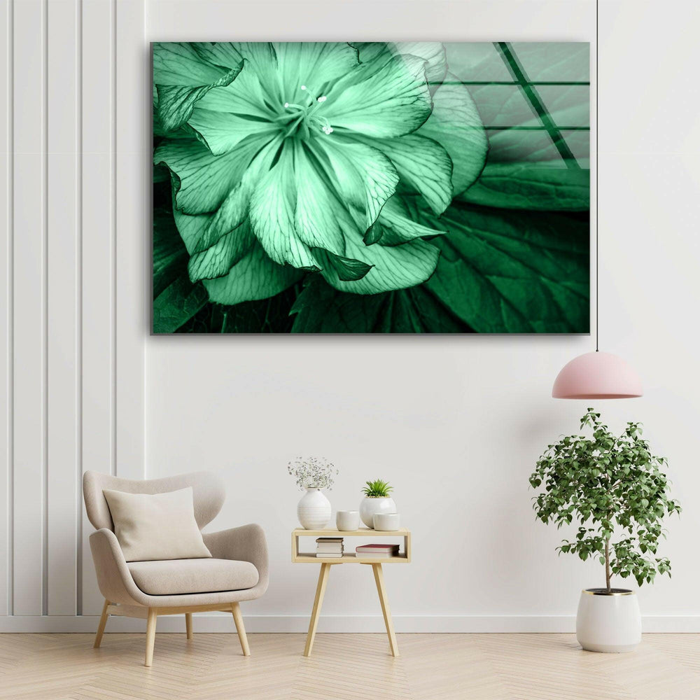 Mint Green Flower Petals Glass Wall Art, picture on glass wall art, photos printed on glass