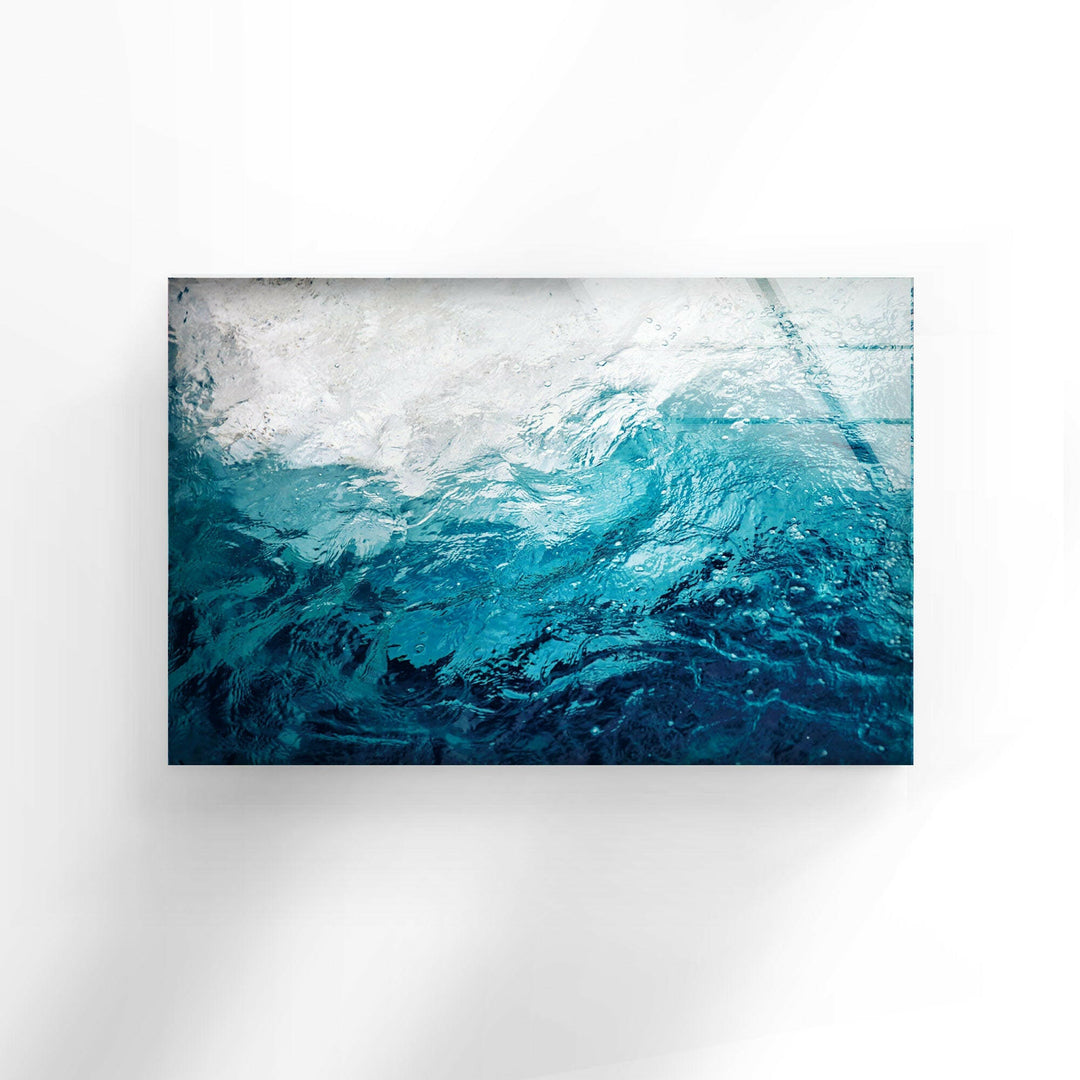 Blue Sea Waves Tempered Glass Wall Art An abstract background of seawater flow under light exposure