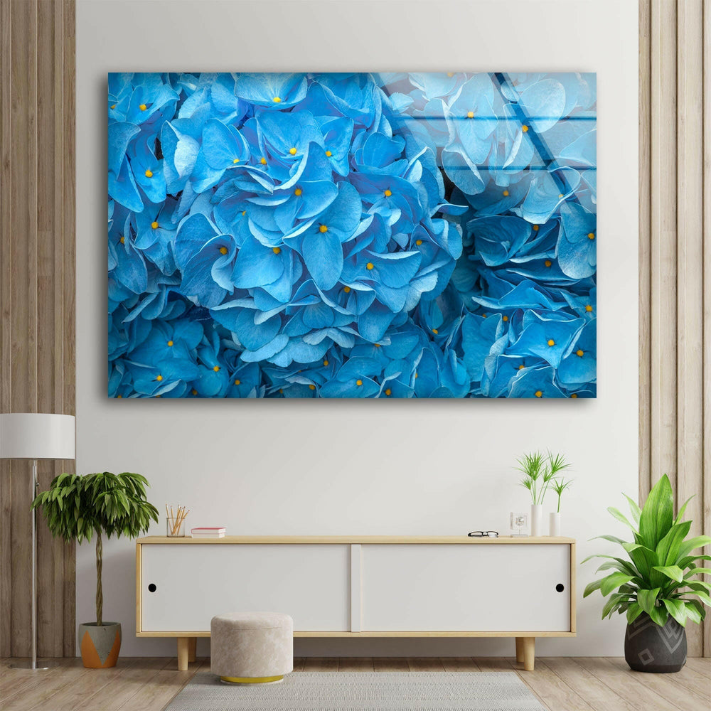 Blue Hydrangeas Glass Wall Art, glass wall decor, glass wall art decor