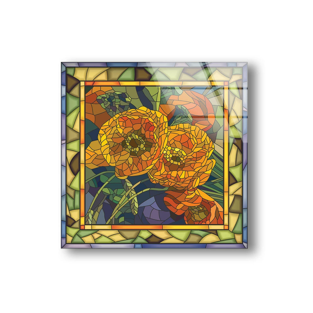 Orange Flowers Stained Glass Wall Art print on glass, glass printed photos