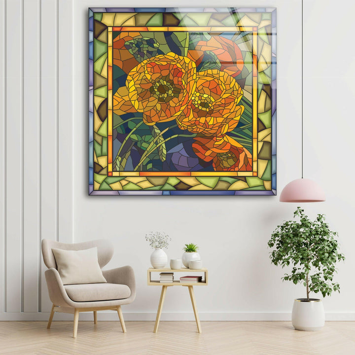 Orange Flowers Stained Glass Wall Art large glass photo prints, glass wall photos