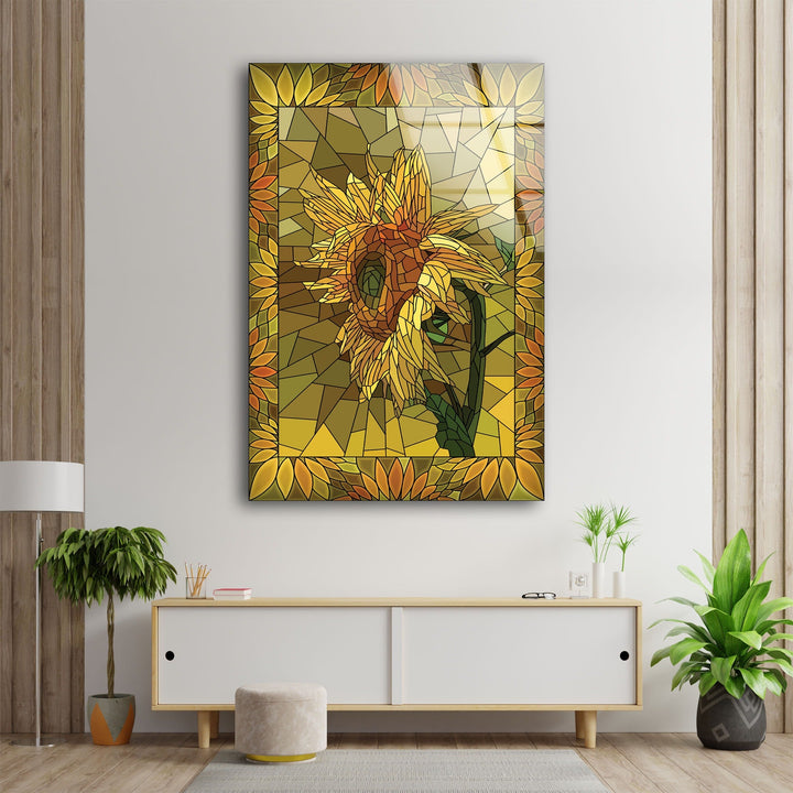 Mosaic Yellow Sunflower Glass Wall Art picture on glass wall art, photos printed on glass