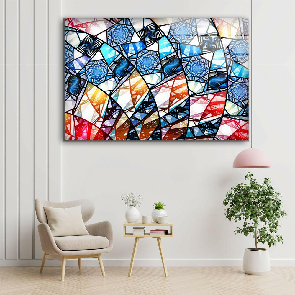 Blue & White Geometric Glass Wall Art picture on glass wall art, photos printed on glass