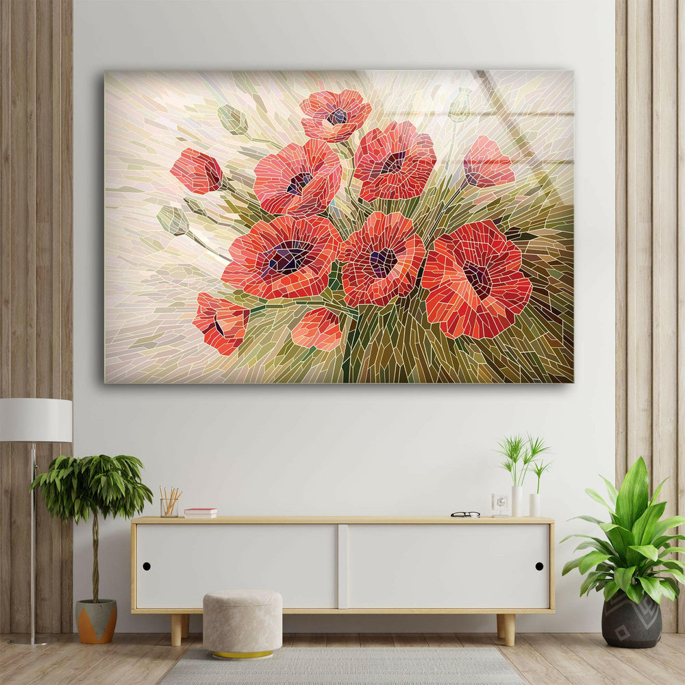 Stained Glass Red Poppies Glass Wall Art, glass wall decor, glass wall art decor
