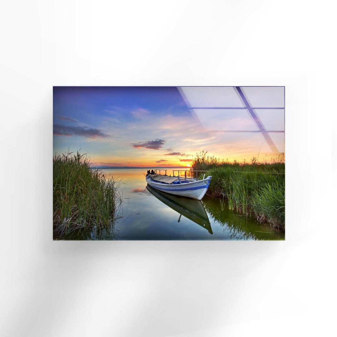 Rowing Boat On Lake Glass Wall Art print picture on glass, Tempered Glass Wall Art