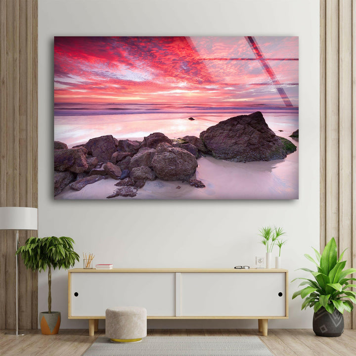 Sunset Landscape & Rocks Glass Wall Art