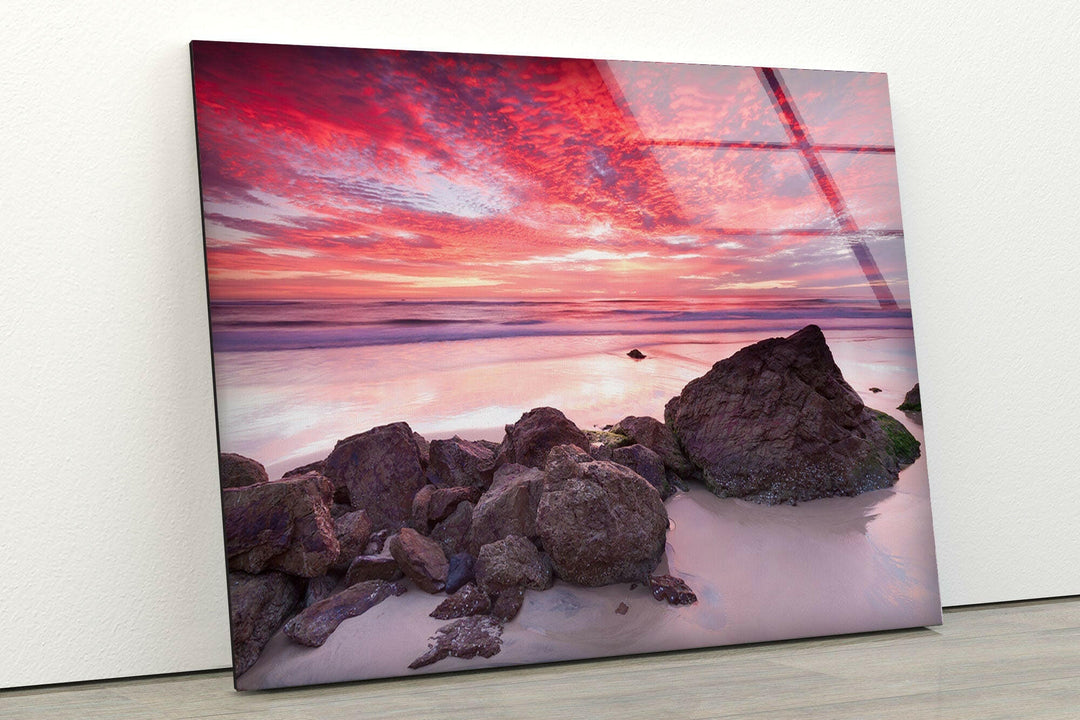 Sunset Landscape & Rocks Glass Wall Art