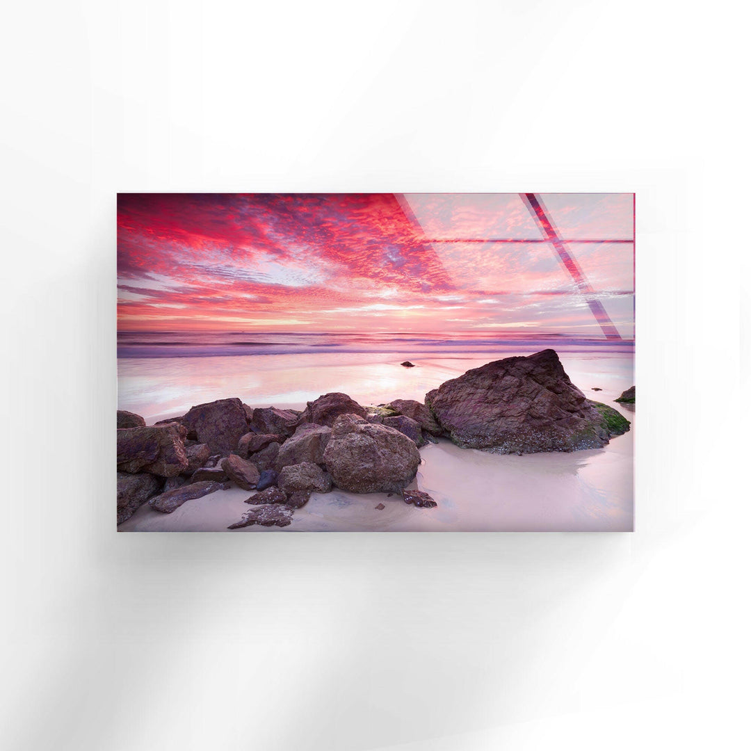 Sunset Landscape & Rocks Glass Wall Art