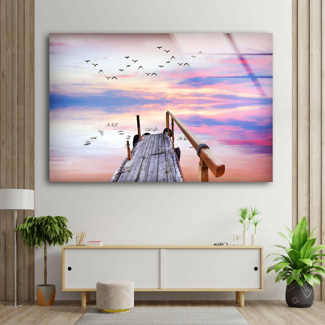 Ocean Sunrise With Pier Glass Wall Art print on glass, glass printed photos