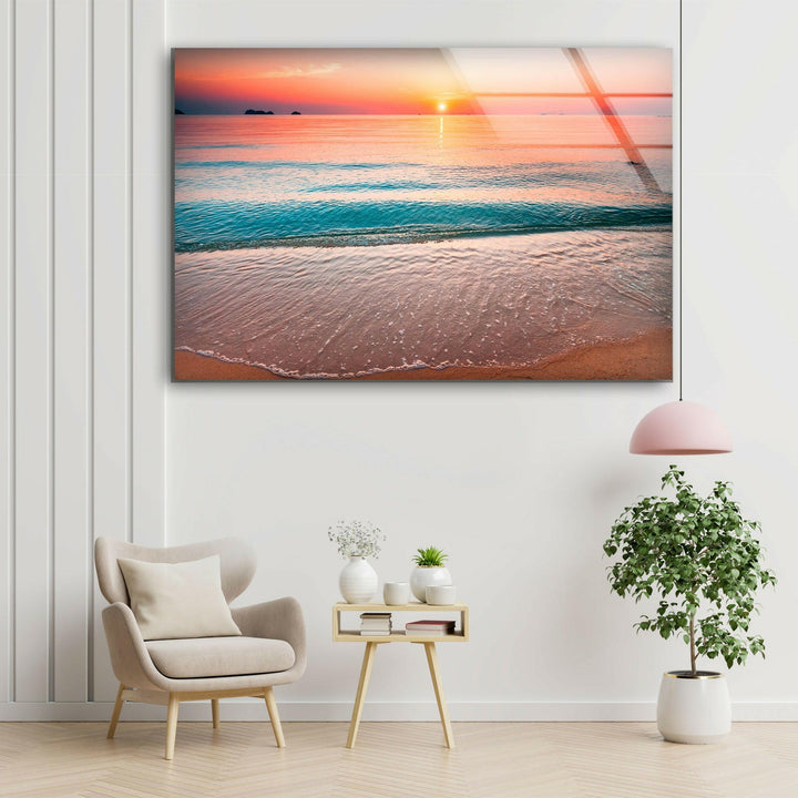 Calm Sea With Sunset Glass Wall Art