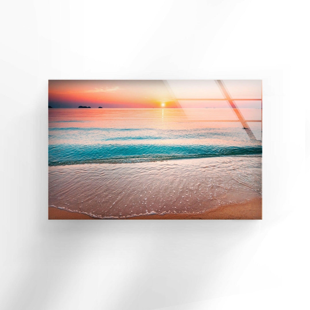 Calm Sea With Sunset Glass Wall Art