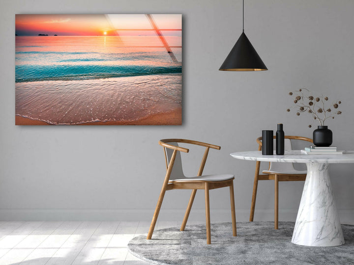 Calm Sea With Sunset Glass Wall Art