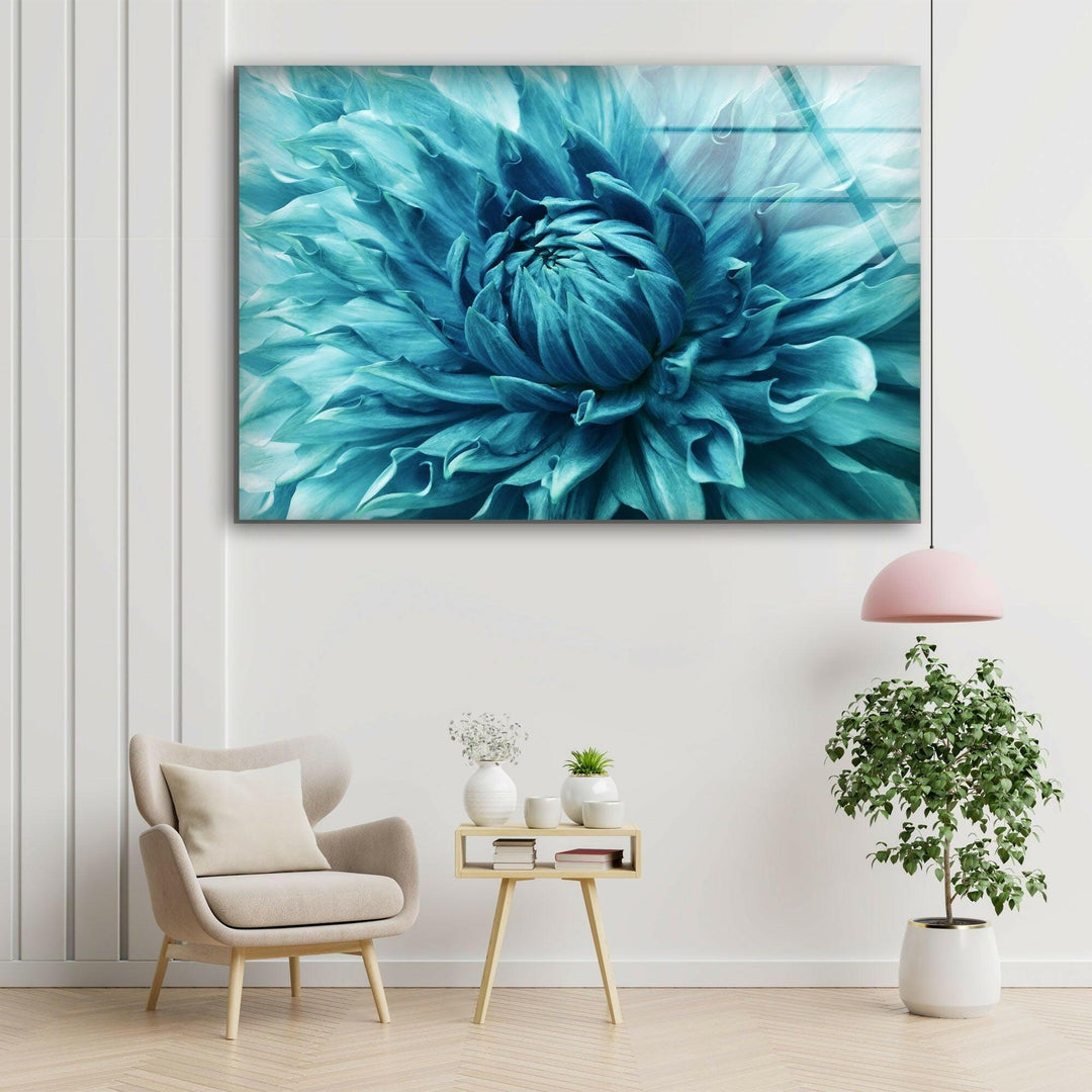 Dahlia Turquoise Flower Glass Wall Art, glass pictures for Wall, glass prints wall art