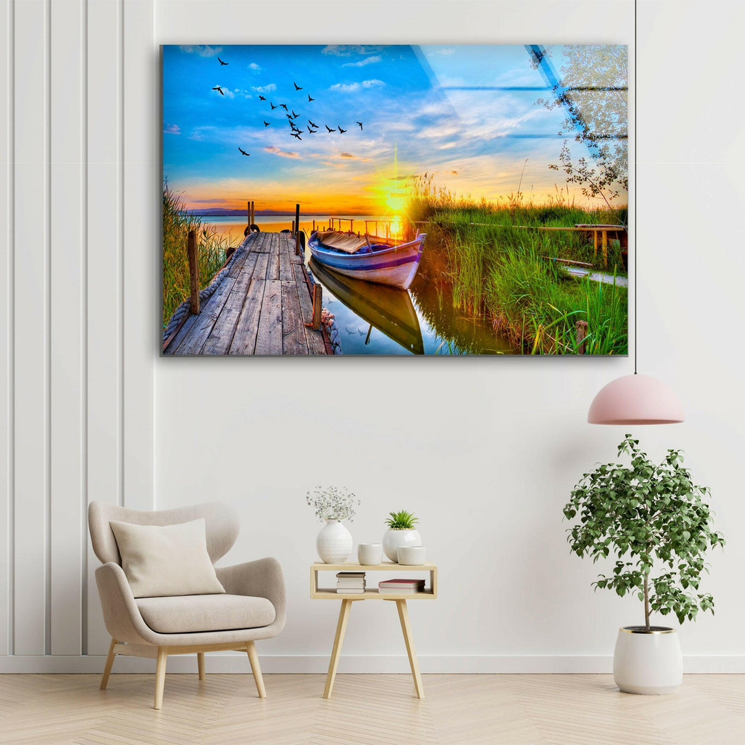 Lake Under Sunset Pier Glass Wall Art