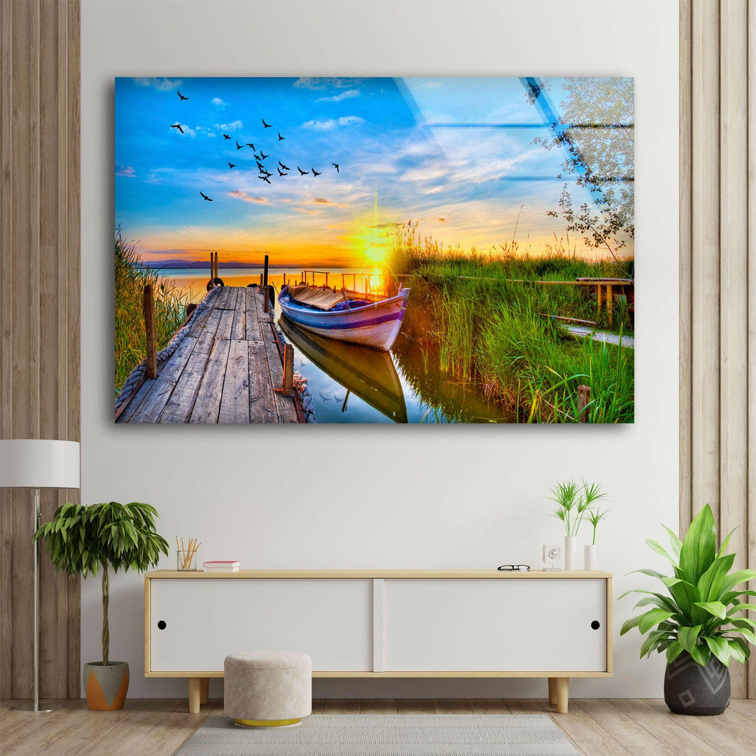 Lake Under Sunset Pier Glass Wall Art