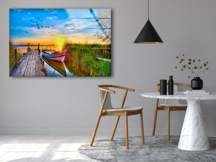 Lake Under Sunset Pier Glass Wall Art