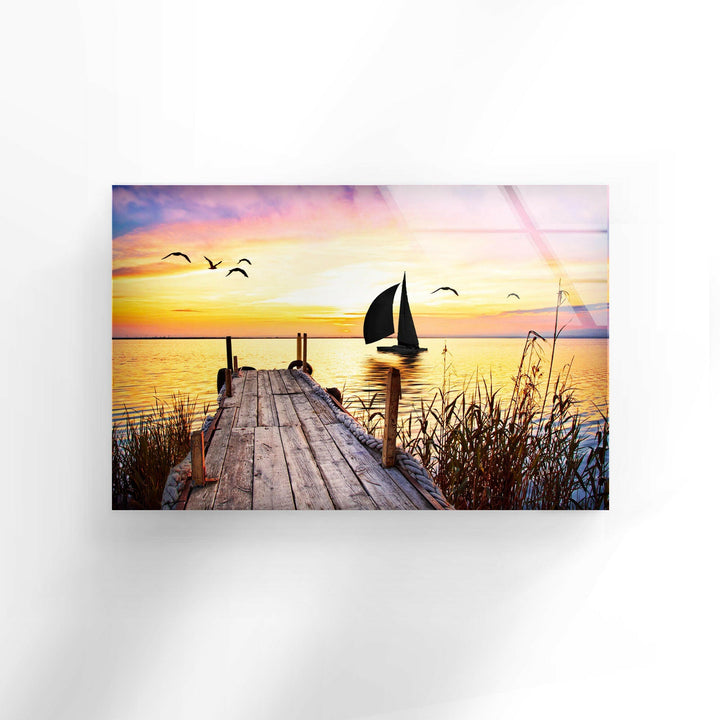 Dock Sunset Landscape Glass Wall Art print picture on glass, Tempered Glass Wall Art