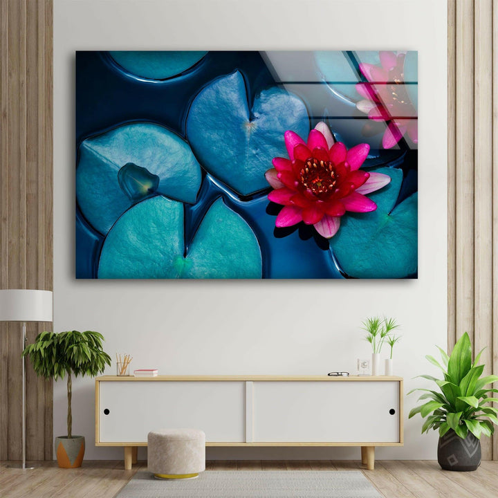 Red Lotus Water Lily Glass Wall Art, glass wall decor, glass wall art decor