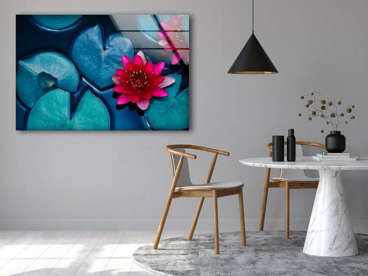 Red Lotus Water Lily Glass Wall Art, glass pictures for Wall, glass prints wall art
